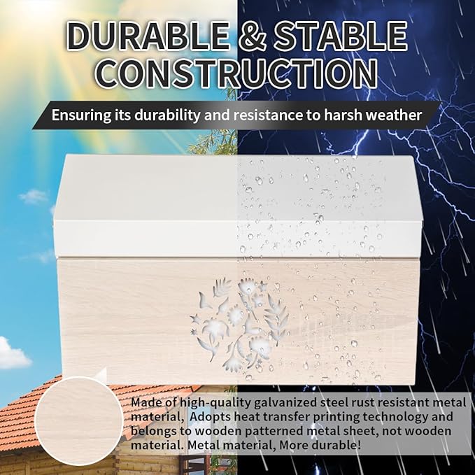 Wall Mount Mailbox, Large Capacity Mailbox for House Outside, Galvanized Steel Rust-Proof Metal Post Drop Box, 15.74"×9.84"×4.33" Flower Hollowed Wooden Patterned Metal Sheet