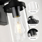 Outdoor Indoor Wall Sconce Set of 2, Modern Exterior Wall Lantern with Clear Glass, Black Outside Lighting Wall Mount for Porch Patio Bathroom Vanity