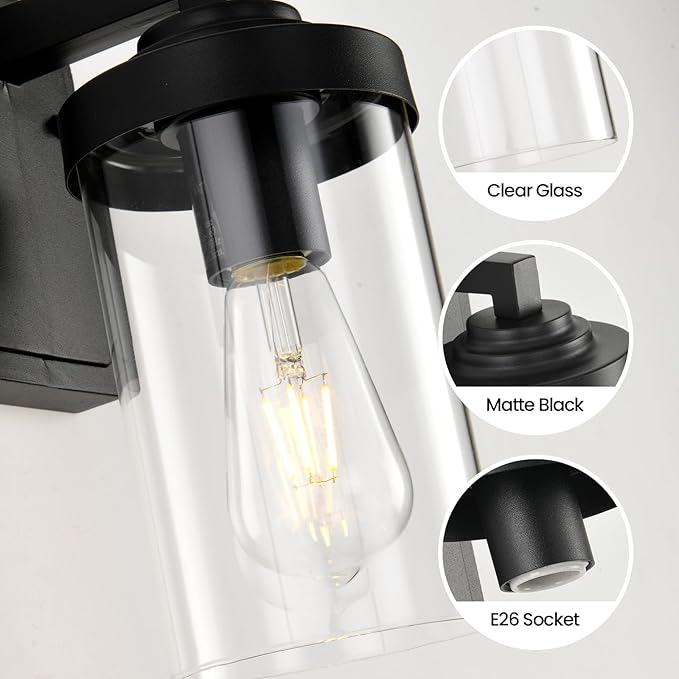 Outdoor Indoor Wall Sconce Set of 2, Modern Exterior Wall Lantern with Clear Glass, Black Outside Lighting Wall Mount for Porch Patio Bathroom Vanity