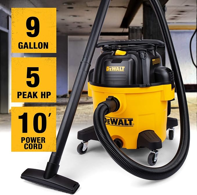 DEWALT 9 Gallon Wet/Dry VAC, Heavy-Duty Shop Vacuum with Attachments, 5 Peak HP, with Blower Function, DXV09PA