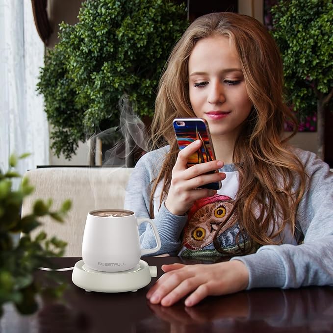 SWEETFULL Mug Warmer for Coffee and Tea Coffee Mug Warmer Set W/Mug and Lid Coffee Warmer As Coffee Gifts for Desk Office Coffee Lovers. （20W Cup Warmer Candle Warmer Auto Shut Off）