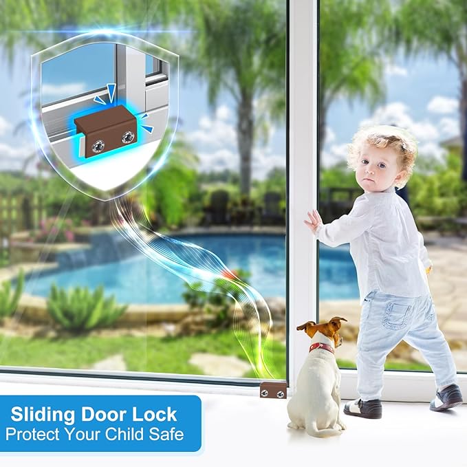 Window Locks for Sliding Windows - Sliding Window Lock Security with Keys - Adjustable Sliding Door Lock - Without Drilling Easv to Install Child Locks for Sliding Door,Patio Door(8 Sets Brown)
