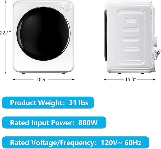 800W Electric Portable Clothes Dryer, High End Laundry Front Load Tumble Dryer Machine with Stainless Steel Tub, 5 Mode Simple Control Knob secadora de ropa for Apartment, Dorm, RV
