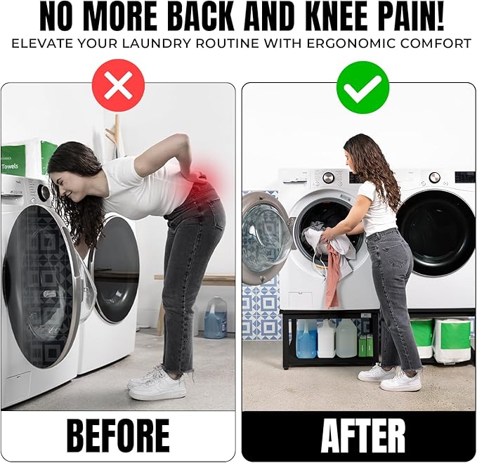 Washer and Dryer Pedestals - 29" W, 16" H, Black Steel Universal Fit with Major Brands, Leak-Proof Laundry Pedestal with Drain Pan & Hose, Washer and Dryer Stand for Back Pain Relief, 800 lbs Capacity