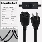 Black Extension Cord with Switch On/Off, 3 Prong Grounded Plug, 6.56 FT Insulated & Flame Retardant,125V 375W Indoor Power Cord, UL Listed