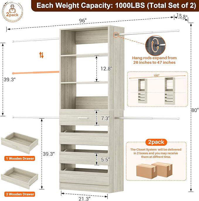 Aheaplus Closet System Set of 2, 4-9Ft Wood Closet Organizer with Drawers & Shelves, Closet Organizer System with 8 Hanging Rods, Walk-in Closets Organizer Wardrobe Closet Rack, White Oak