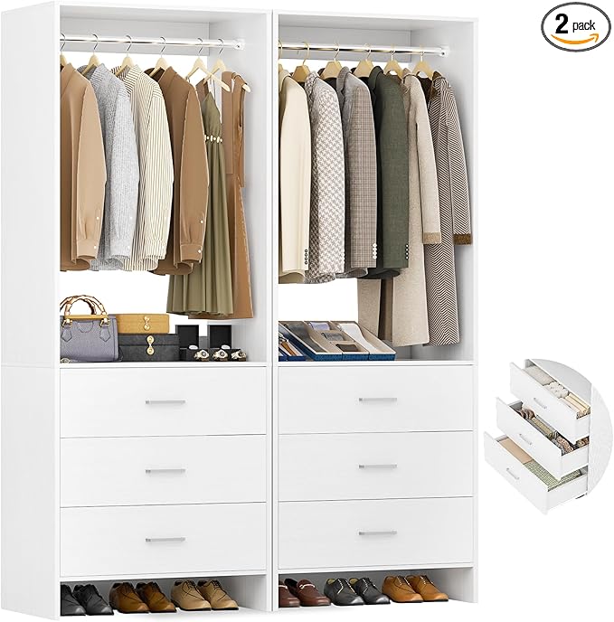 Aheaplus Closet System Closet Organizer, Wood Closet Organizer System, Walk-in Closet or Small Closets Wardrobe, Clothes Rack with Hanging Rods, 4FT Closets, Set of 2, White