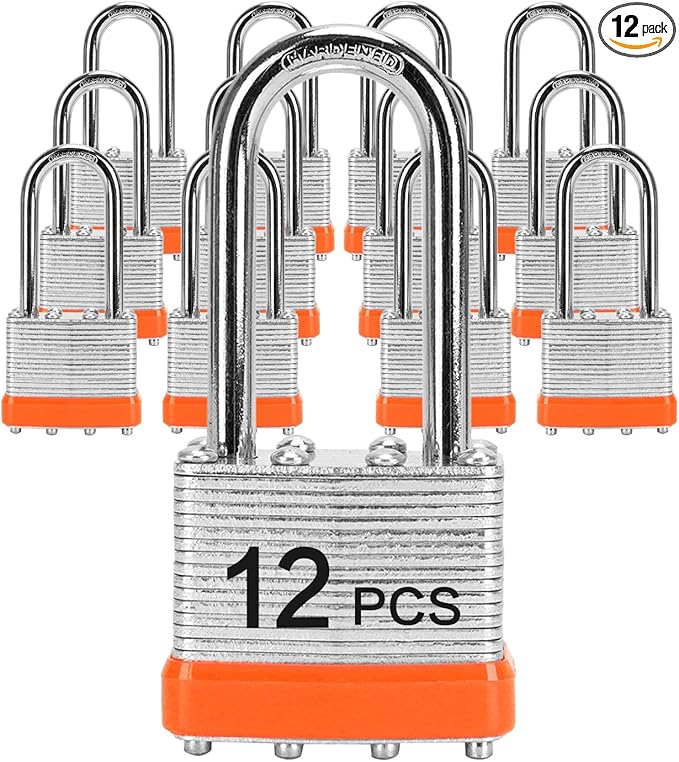 Padlocks with Same Key, LQYN 12 Pcs Laminated Keyed Padlock (1-9/16", 40mm), Keyed Alike Locks, Long Shackle, for Storage Locker, Hasp Latch, Toolbox, Sheds