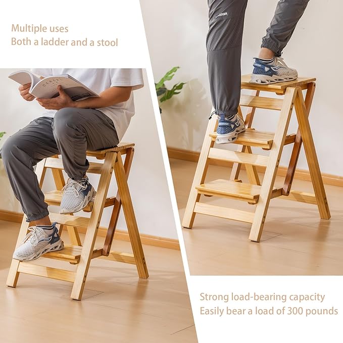 Latifolia Foldable 3 Step Ladder, Wooden Step Stool with Floor Saver, Decorative Ladder Shelf for Living Room, Kitchen, Garden(Nature)