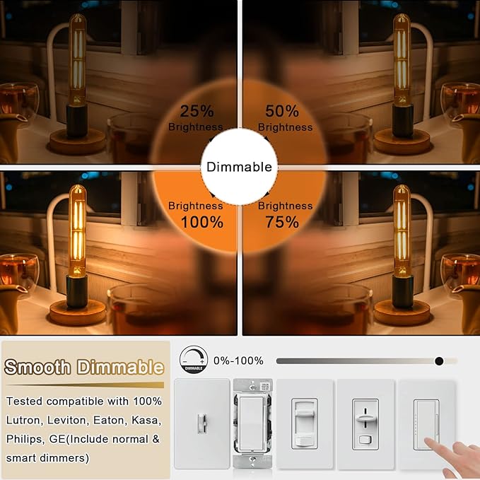 7.3 Inch E26 Led Bulb 6W Dimmable, 2200K Amber White Vintage Edison Bulbs, Equal 80 Watt T10 T9 Long Tubular Glass Light Bulb 800LM for Rustic Pendant Pipe Wall Sconces - UL Cert 6Pack