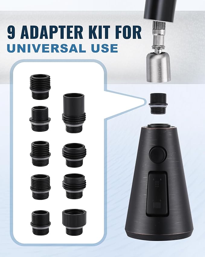 Pull Down Spray Head Replacement - for Kitchen Faucet Sprayer Head with 9 Adapters, 3 Function Pull Out Faucets Spray Nozzle Compatible with Moen, American Standard Faucets, Oil Rubbed Bronze