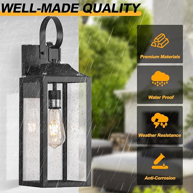 19" Large Outdoor Light Fixture 2 Pack, Porch Lights Sconce Exterior Lighting Fixtures, Black Outside Lights for House Modern Wall Lantern, Anti Rust Outside Coach Lamps for House, Doorway, Garage