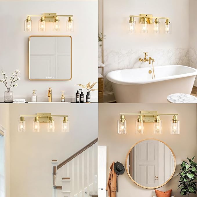 EMONG Gold Bathroom Light Fixtures,4-Lights Brushed Brass Vanity Light with Clear Glass Shade,Modern Wall Sconces for Hallway, Farmhouse,Living Room