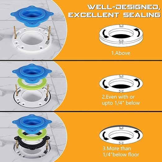 Toilet Flange Repair Kit, Universal Toilet Seal Parts for Wax Seal, Rubber Gasket Ring, Wax-Free Toilet Bowl Replacement kit Include Premium Nuts, Washers, 3.26Inch Bolts, Bolt Caps(2-Pack)