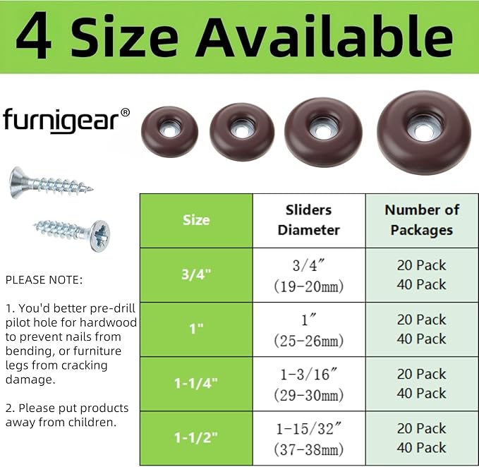 1" Screw on Furniture Sliders-Furnigear Heavy Duty PTFE (Teflon) Chair Leg Slides Glides Move Your Furniture Easy & Safely - Best Floor Protector(Brown-20pack)