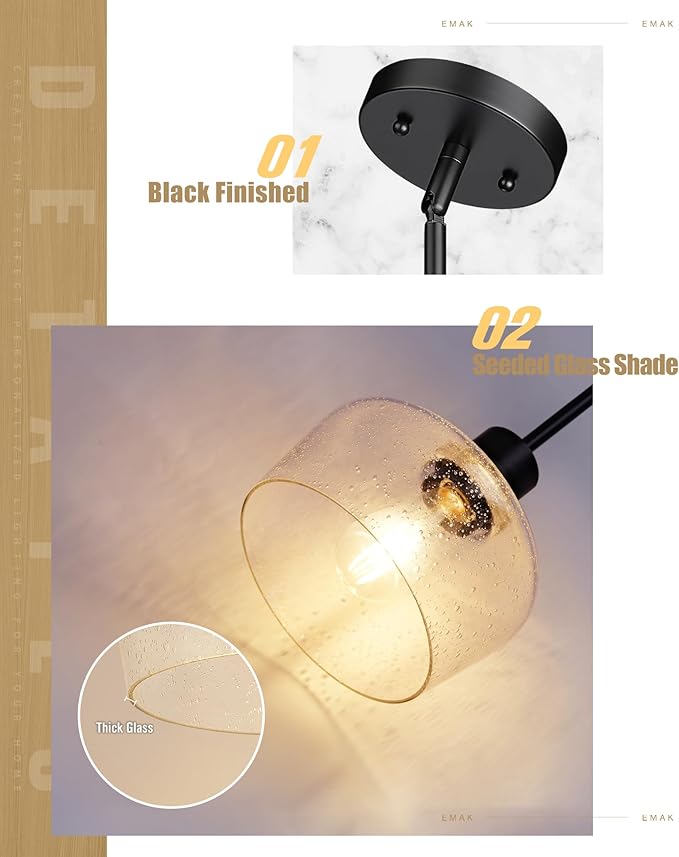 Emak 2 Pack Pendant Lights Kitchen Island, 8 Inch Black Pendant Light with Seeded Glass Shade, Modern Farmhouse Hanging Light Fixture for Kitchen Island, Bathroom, Bedroom, PL122-BK-2PK