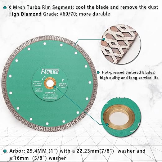 Diamond Porcelain Saw Blade, 8"/200MM Super Thin Dry Wet Cutting Disc with X Teeth Turbo Mesh Rim,for Ceramic Tile Porcelain Granite Marbles