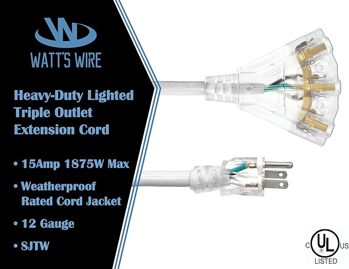 2 ft - 12 Gauge Heavy Duty Extension Cord - 3 Outlet Lighted SJTW - Indoor/Outdoor Extension_Cord by Watt's Wire - 2' 12-Gauge Grounded 15 Amp ExtensionCord Splitter