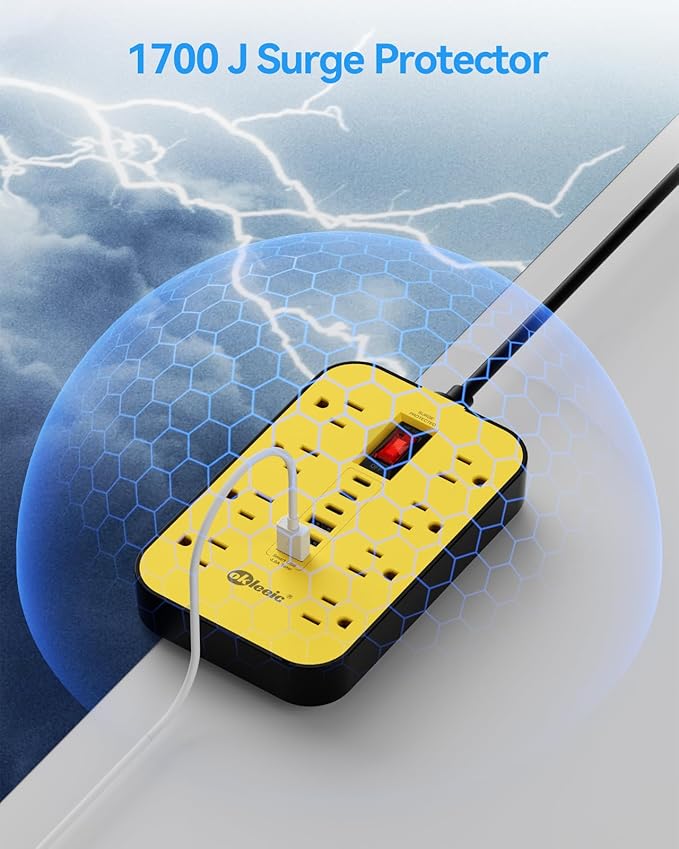 8-Outlets Heavy Duty Power Strip with 6 USB Ports(3 USB-C), Industrial Surge Protector Power Strip 15 Amps/1700 Joules, 6 Ft Multi-Plug Electric Extension Cord Wall Mount for Workshop Garage (Yellow)