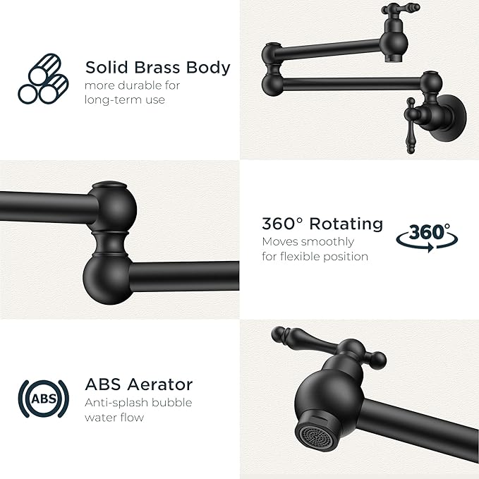 FORIOUS Pot Filler Faucet Matte Black, Folding Stretchable Solid Brass Wall Mount Commercial Traditional Faucet Over Stove with Antique Double Joint Swing Arm for Kitchen Restaurant Vintage