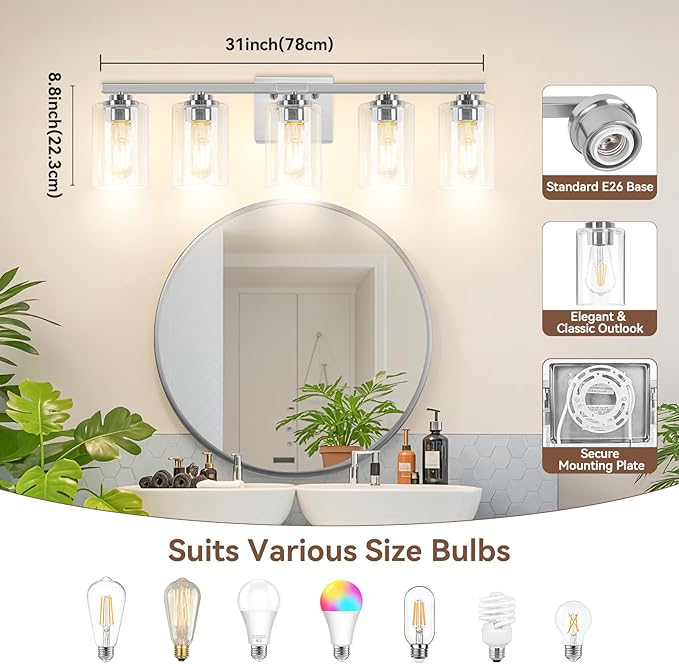 5-Light Bathroom Light Fixtures, 31" Modern Vanity Lights Over Mirror with Clear Glass Shades, Brushed Nickel Light Fixture, Classic Wall Light Fixture for Mirror Living Room Cabinet Bedroom Porch