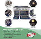 Akicon 48 Inch Freestanding Double Rapid Convection Gas Range - 6.7 cu. ft. Oven - 8 Sealed Burners & Griddle, Heavy Duty Cast Iron Grates (White & Gold)