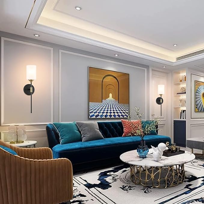 Industrial Mid Century Wall Sconce Set of 2 with White Cylinder Glass Shades Modern Bathroom Vanity Wall Lamp Black and Gold Finished Wall Light Fixture