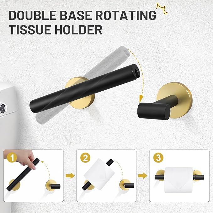 TURS Black and Gold 5 Piece Bathroom Hardware Set, SUS304 Stainless Steel Gold Black Towel Bar Set, 24 Inch Rould Bathroom Accessories Kit Wall Mounted