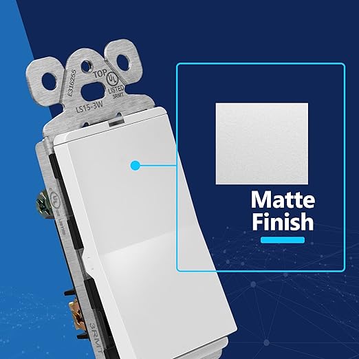LIDER Minimalist Design Matte Finish Lighted Decorator Switch, Frameless Paddle Light Switch with Locator Light, Grounding Screw, 3-Way or Single Pole, 15A 120V, UL Listed, LS15-3W-W, White