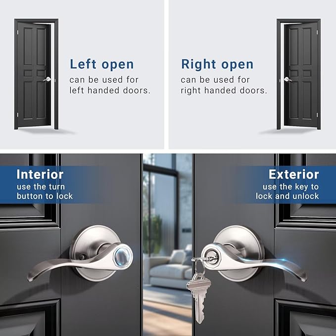 Knobonly Brushed Nickel Entry Door Levers with Keys Wave Style-Reversible for Right or Left-1 Pcs