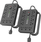 2PCS 6 FT Flat Plug Surge Protector Power Strip,11 Multiple AC Outlets with 6 USB Ports (2 USB C), 6 Feet Extension Cord, 1250W/10A, One Touch Switch Button, 17 in 1 Compact powerstrip