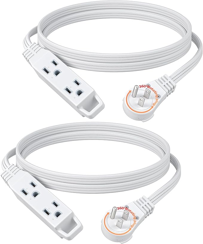 DEWENWILS 6FT 360° Rotating Flat Plug Extension Cord/Wire, 16AWG Multi 3 Outlet Extension Cord, 3 Prong Grounded Wire for Small Appliances, 2 Pack, White