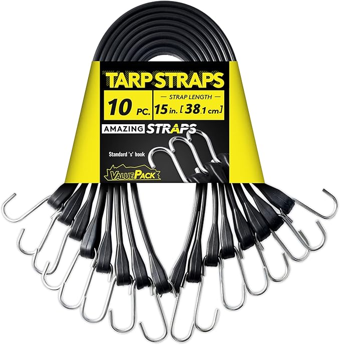 15'' Rubber Bungee Cords Heavy Duty Outdoor with 27" Max Stretch & Over 176 lbs Load, 100% EPDM Black Bungee Straps with Standard S Hooks for Cargo, Tarps, Truck, Motorcycle, Weatherproof (30 Pack)