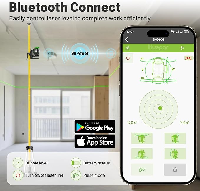 Huepar Laser Level 360 Self Leveling, 4x360° Green 4D Cross Line Laser with LCD Screen, Bluetooth Outdoor Pulse Mode Laser Tool for Construction -Remote Control, Li-ion Battery or 4 AA Batteries-S04CG