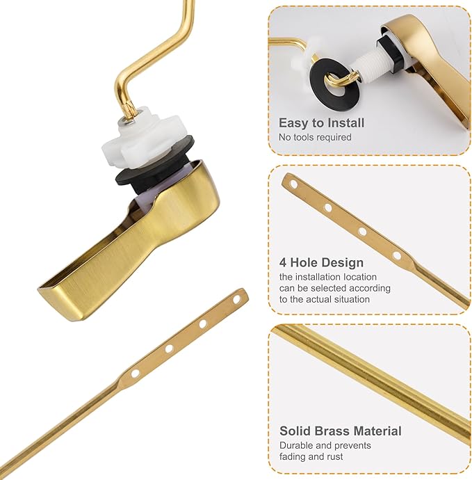 Hibbent 2 Pack Universal Toilet Tank Flush Lever Replacement, Toilet Handle Replacement Trip Levers with Stainless Steel Flapper Chains for Most Side Mount Toilets,Toilet Repair Handle,Brushed Gold