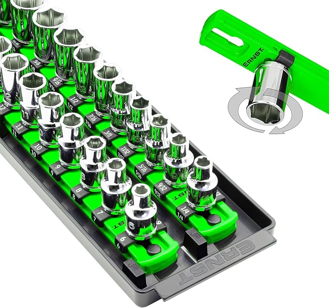Ernst Manufacturing 8485 Socket Boss, Premium 2-Rail Twist Lock Socket Organizer, 3/8 Inch-Drive, 18-Inch, Green - Made in USA