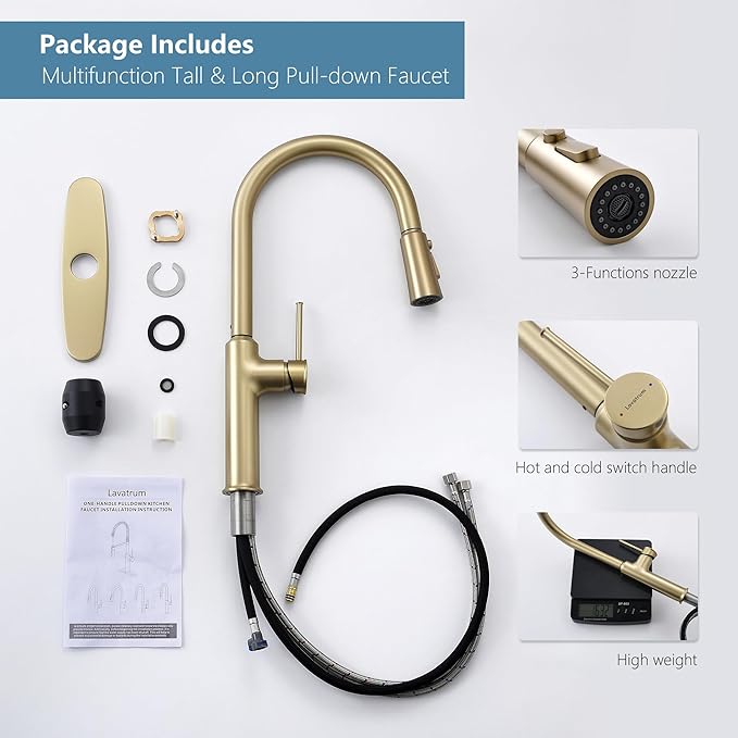 Kitchen Sink Faucets Brushed Gold, High-Arc Single Handle Kitchen Faucet with Pull Down Sprayer, Solid Brass Tall Kitchen Faucets