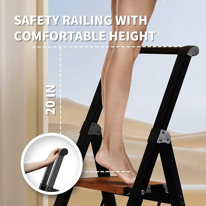 3 Step Ladder,Folding Step Stool with Aluminum Wide Pedal& Convenient Handgrip,330lbs Capacity Steel Ladder for Household and Office(Gold)