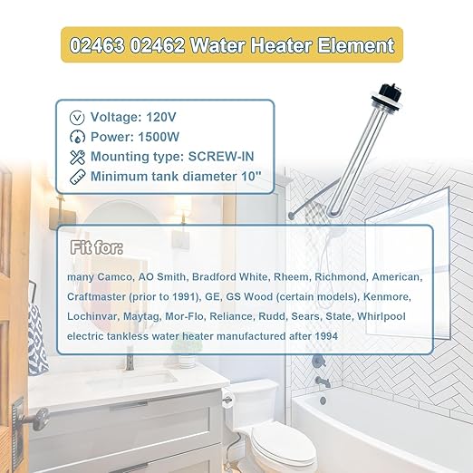 Upgraded 1500W 120V Camco Water Heater Element, fit for AO Smith, Bradford White, Rheem, Richmond Electric Tankless Heater Element, for RV, Campers, Replacement 02463 02462