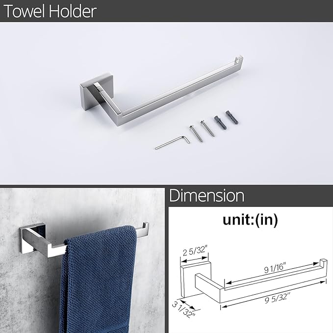BAGNOLUX Bathroom Hardware Set 4 Pieces, Bath Towel Holder Set SUS304 Stainless Steel, Towel Bar Rack Set for Wall Mounted, Square Bathroom Accessories Set Fixture Heavy Duty Polished Chrome