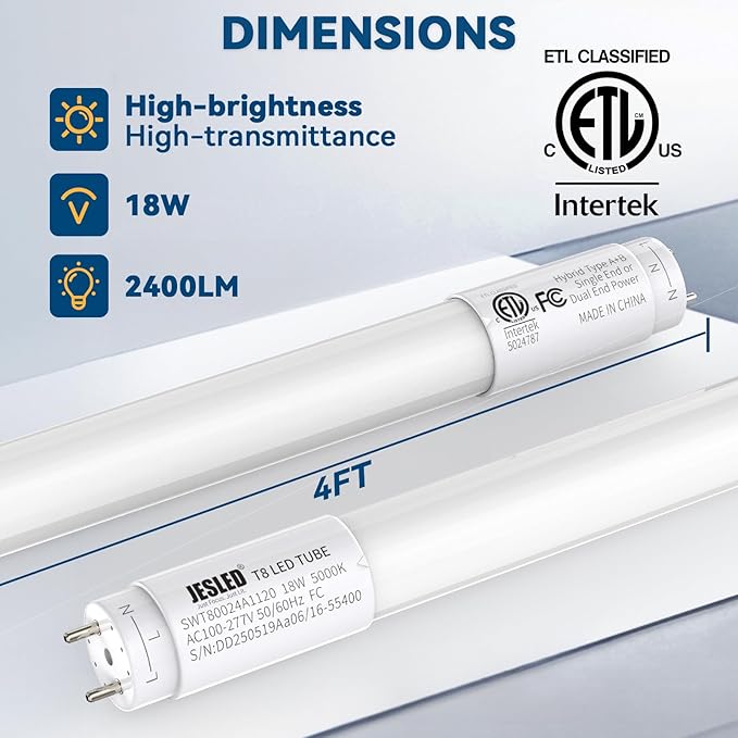 JESLED 24 Pack 4FT T8 LED Bulbs,18W 2400LM 5000K Led Tube Light,Plug and Play or Ballast Bypass,Hybrid Type A+B T10 T12 Fluorescent Bulbs Replacement,Single or Double End Powered,ETL