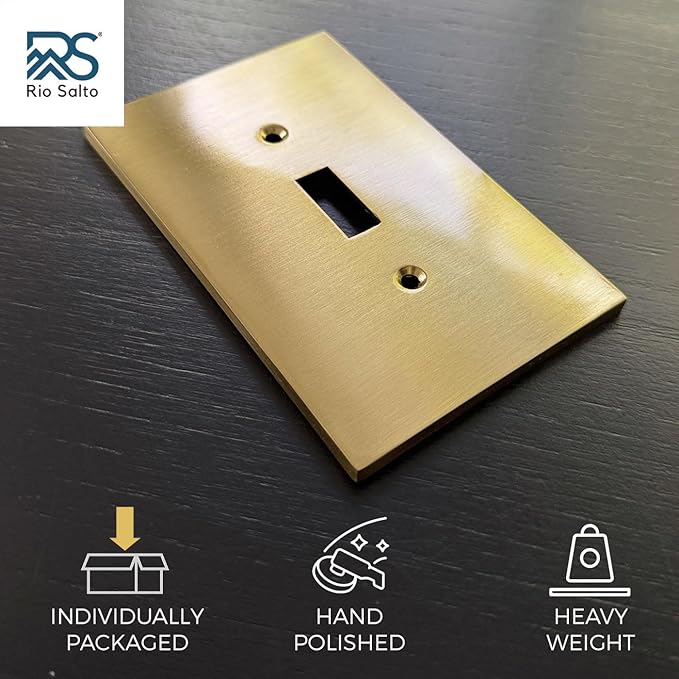 Rio Salto Modern Edge Metal Brass Gold Toggle Light Switch Cover Metal Decorative Toggle Switch Covers Wall Plate Outlet Flip Switch Cover Socket Togle - Midsize 1 Gang 5-Pack