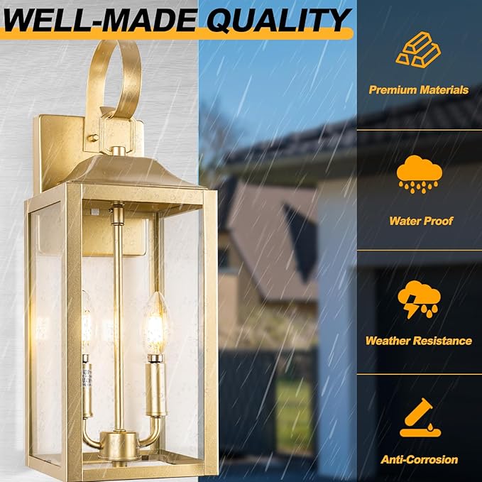 19" Gold Outdoor Wall Lantern 2-Light, Large Modern Wall Sconce Light Fixture, Industrial Porch Light with Glass, Waterproof Farmhouse Exterior Lamp (1 Pack)