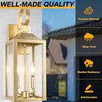 19" Gold Outdoor Wall Lantern 2-Light, Large Modern Wall Sconce Light Fixture, Industrial Porch Light with Glass, Waterproof Farmhouse Exterior Lamp (1 Pack)