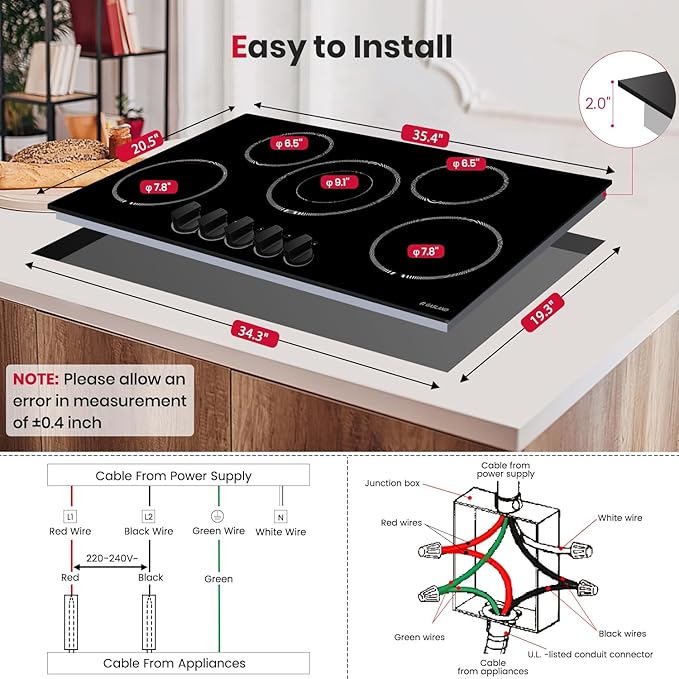 GASLAND Electric Cooktop 36 Inch, 8200W Drop-in Radiant Glass Stove Top CH90BS with 5 Burners, 220-240V Ceramic Electric Stovetop, 7 Power Levels, Mechanical Knob Control, Hot Warning, Hard Wire