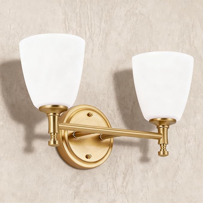 2-Light Gold Bathroom Light Fixtures, Wall Sconce with Brass Base & Milk Glass Shade, Gold Vintage Wall Lamp for Bedroom, Living Room, Hallway,Vanity,E26 Socket (Bulbs Not Included)
