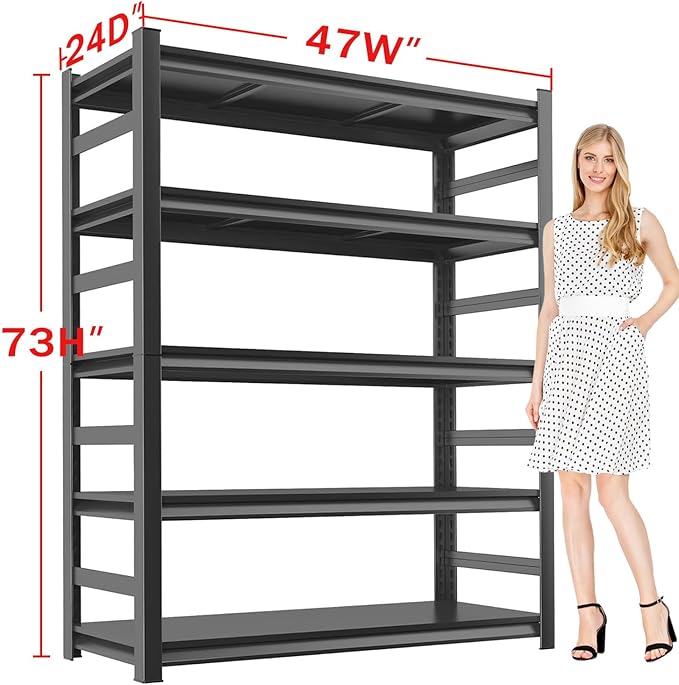 Metal Garage Storage Shelves Heavy Duty Shelving Unit 5 Tier Steel Adjustable Organizing Shelves 3000 LBS Capacity Industrial Shelving Ideal for Garage Tote Pantry Basement Outdoor, 73”Hx47”Wx24”D
