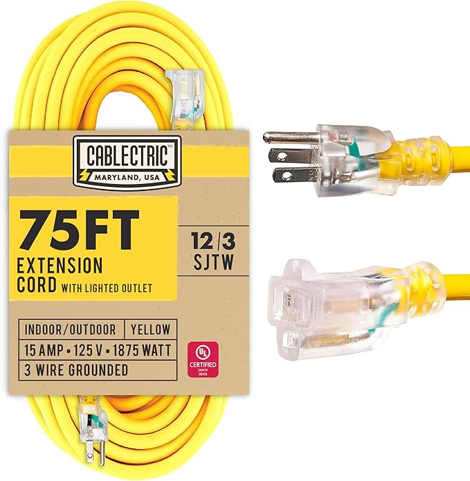 12 Gauge Outdoor Extension Cord 75 ft, 12/3 Heavy Duty Extension Cord 3 Prong Lighted End 75 Foot, SJTW Weatherproof Industrial Electrical Cable for Major Appliances, Proudly American Brand