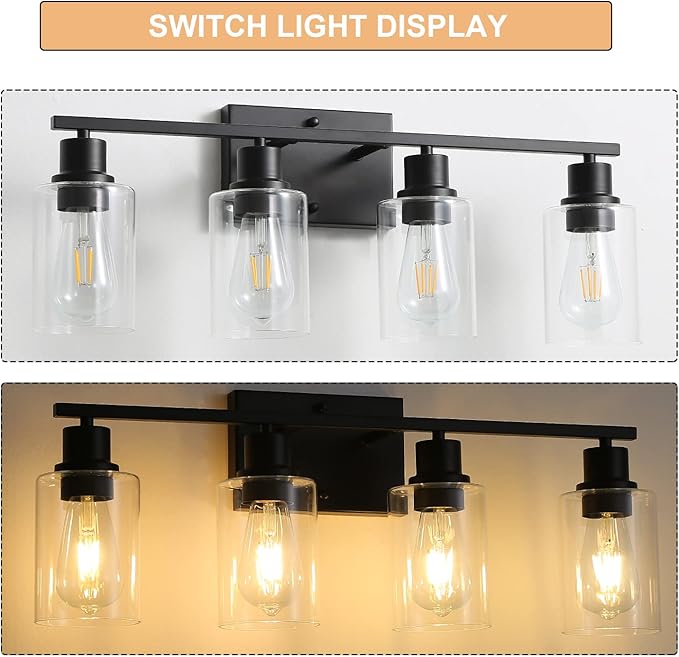 EMONG 4 Light Bathroom Vanity Light, Matte Black Bathroom Light Fixtures with Glass Shade, Modern Wall Sconces Lighting for Bathroom,Mirror,Farmhouse,Hallway