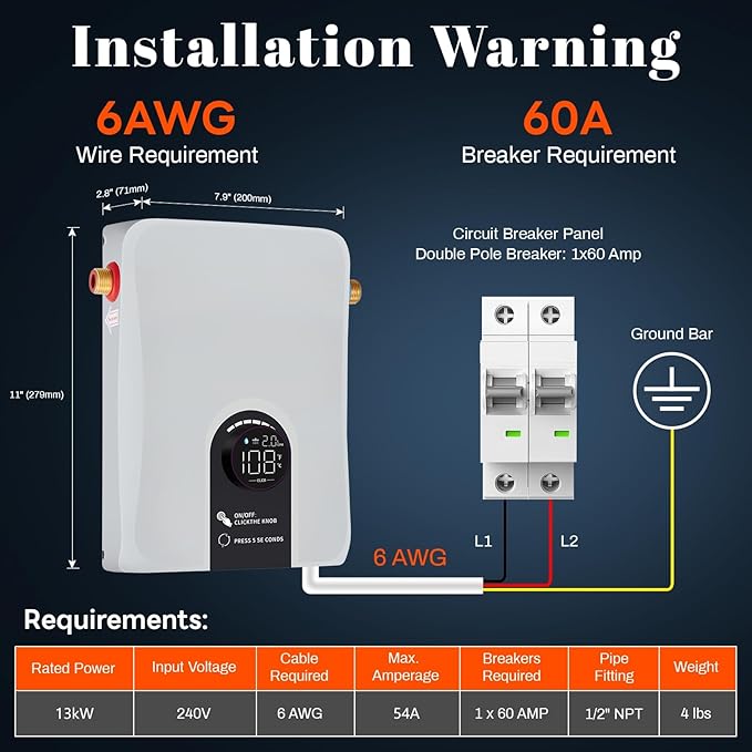 Electric Tankless Water Heater, 13kW 240V on Demand Instant Endless Electric Hot Water Heater for Residential Whole House Shower, Self-Modulating LED Display Knob Control, CSA Certified, Space Saving